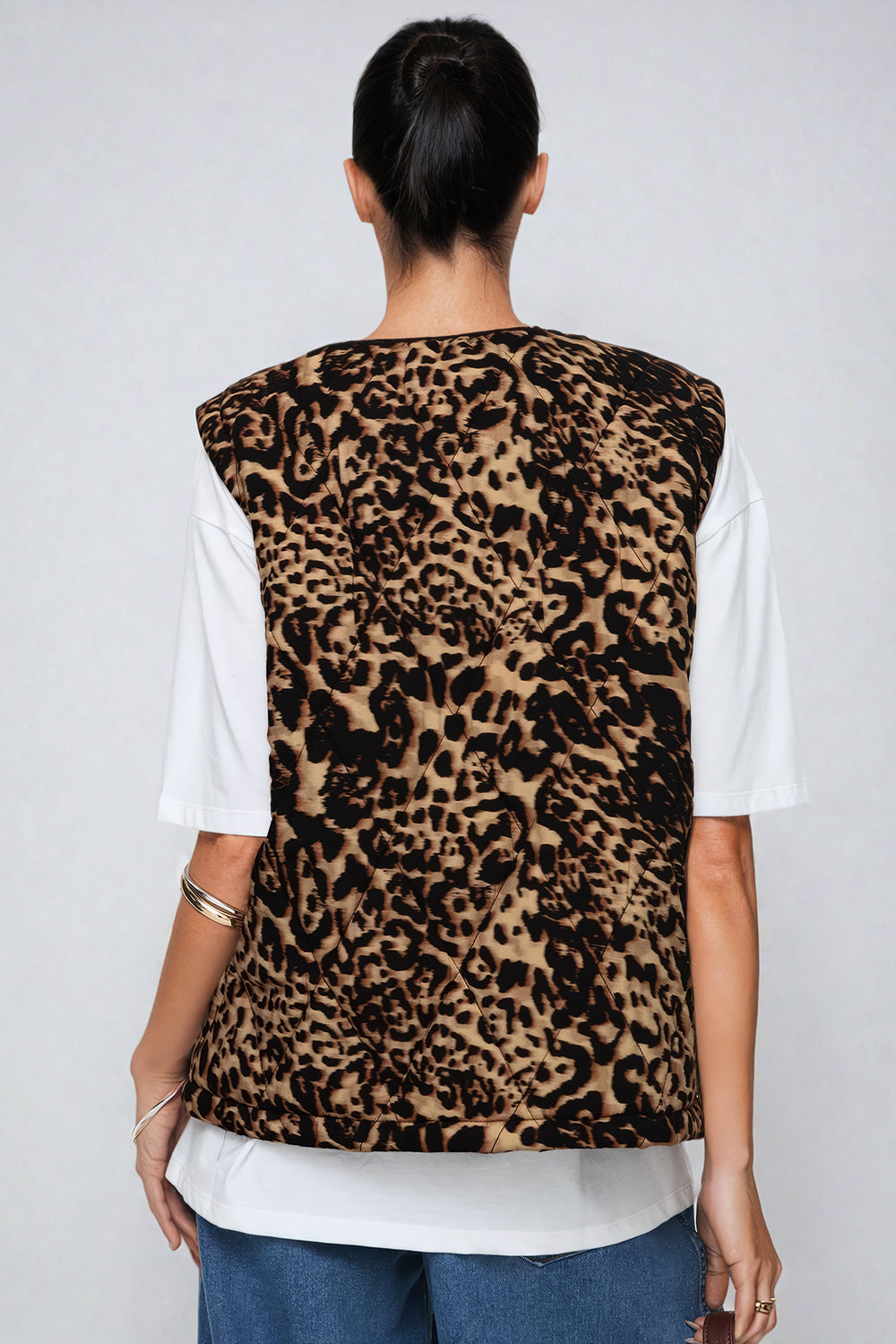 Floral Quilted Vest with Tie Detail - Brown