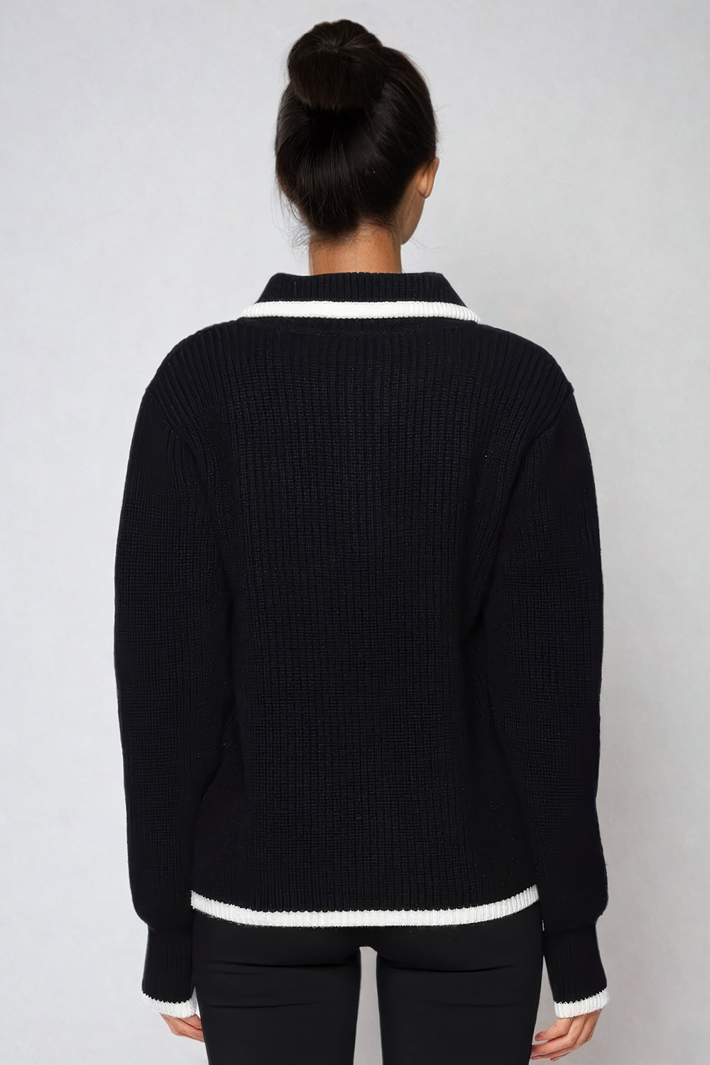 Ribbed Knit Sweater with Contrast Trim and Open Collar - Black