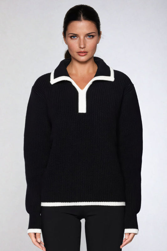 Ribbed Knit Sweater with Contrast Trim and Open Collar - Black