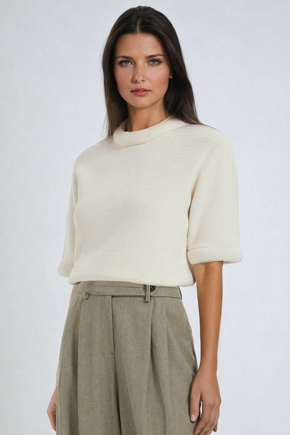 Ribbed Knit Top with Rolled Short Sleeves - White