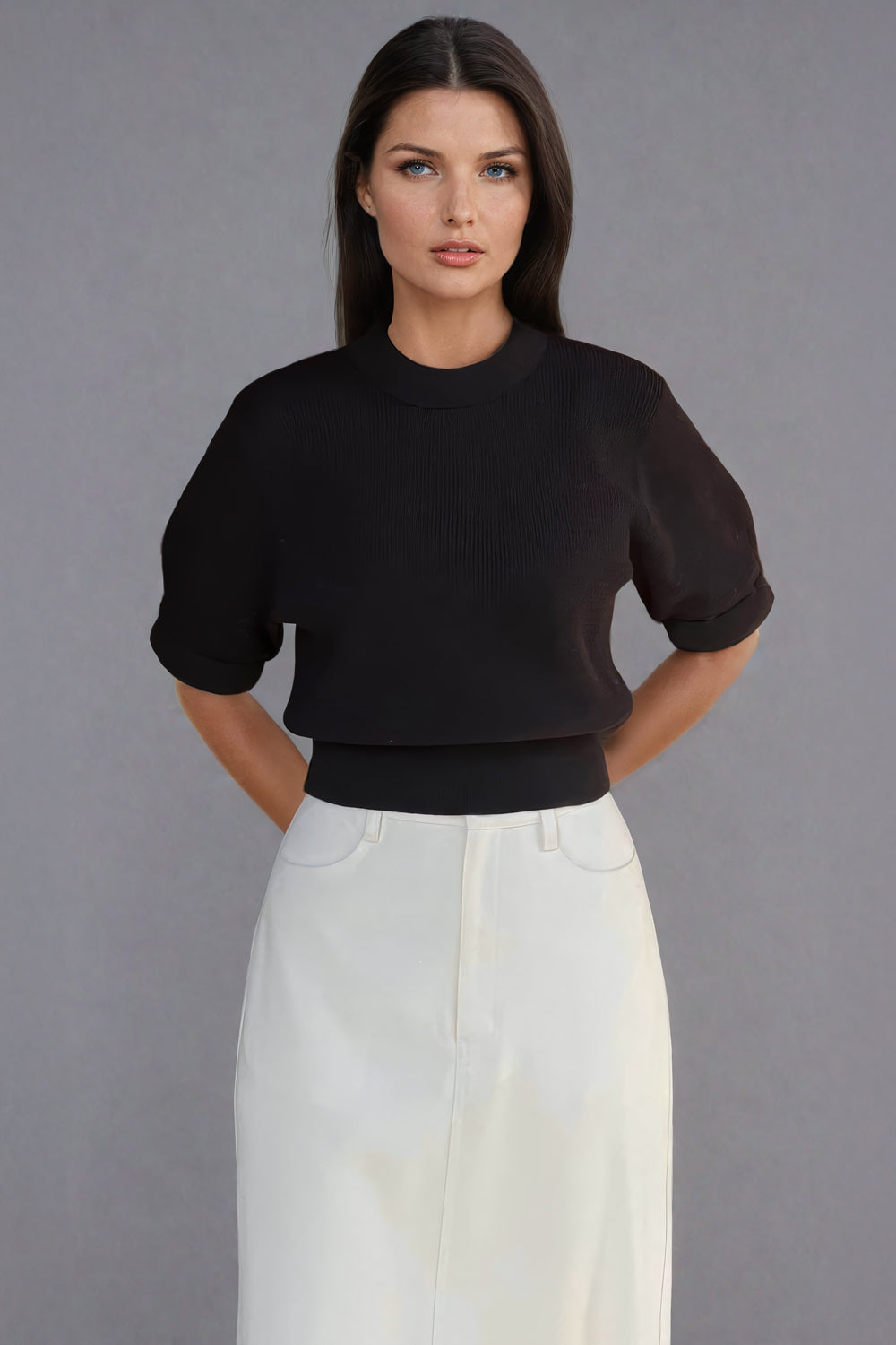 Ribbed Knit Top with Rolled Short Sleeves - Black