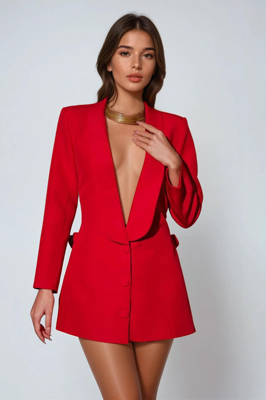 Blazer Style Mini Dress with Open-Back - Red