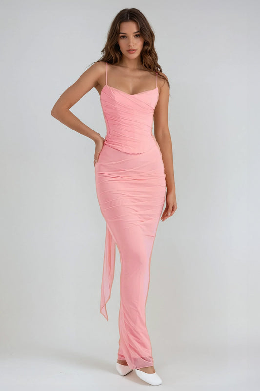 Two-Piece Set with Strapless Ruched Top and Flared Maxi Skirt - Pink