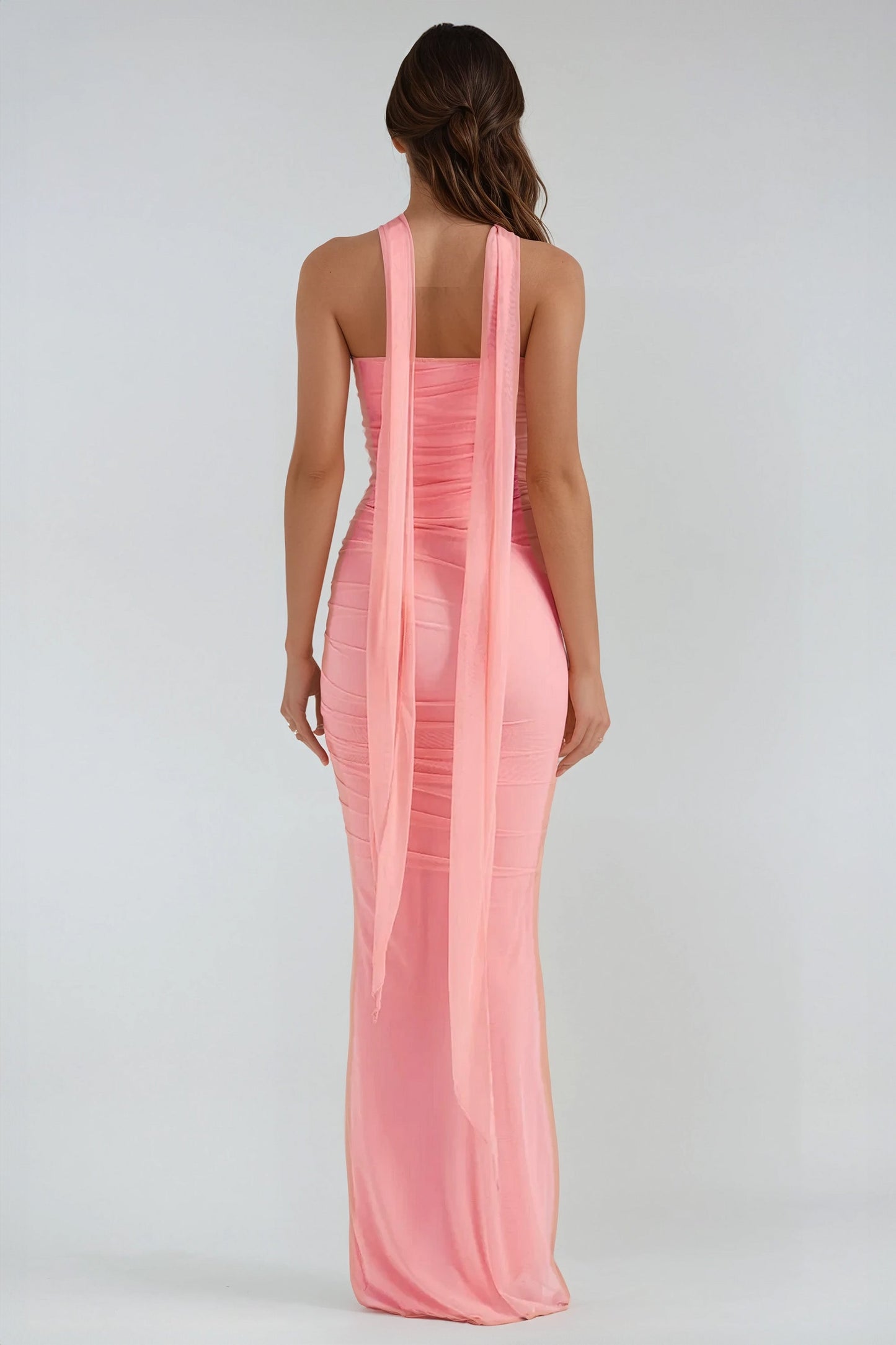 Two-Piece Set with Strapless Ruched Top and Flared Maxi Skirt - Pink