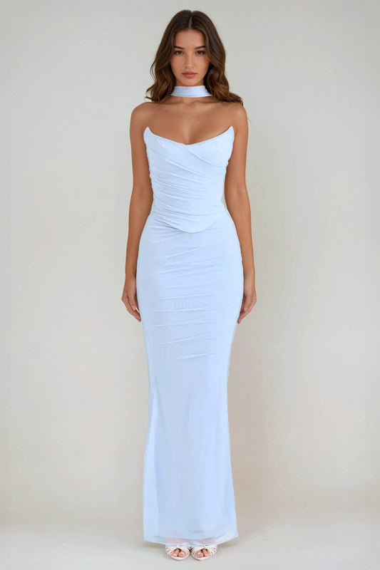 Two-Piece Set with Strapless Ruched Top and Flared Maxi Skirt - Light Blue