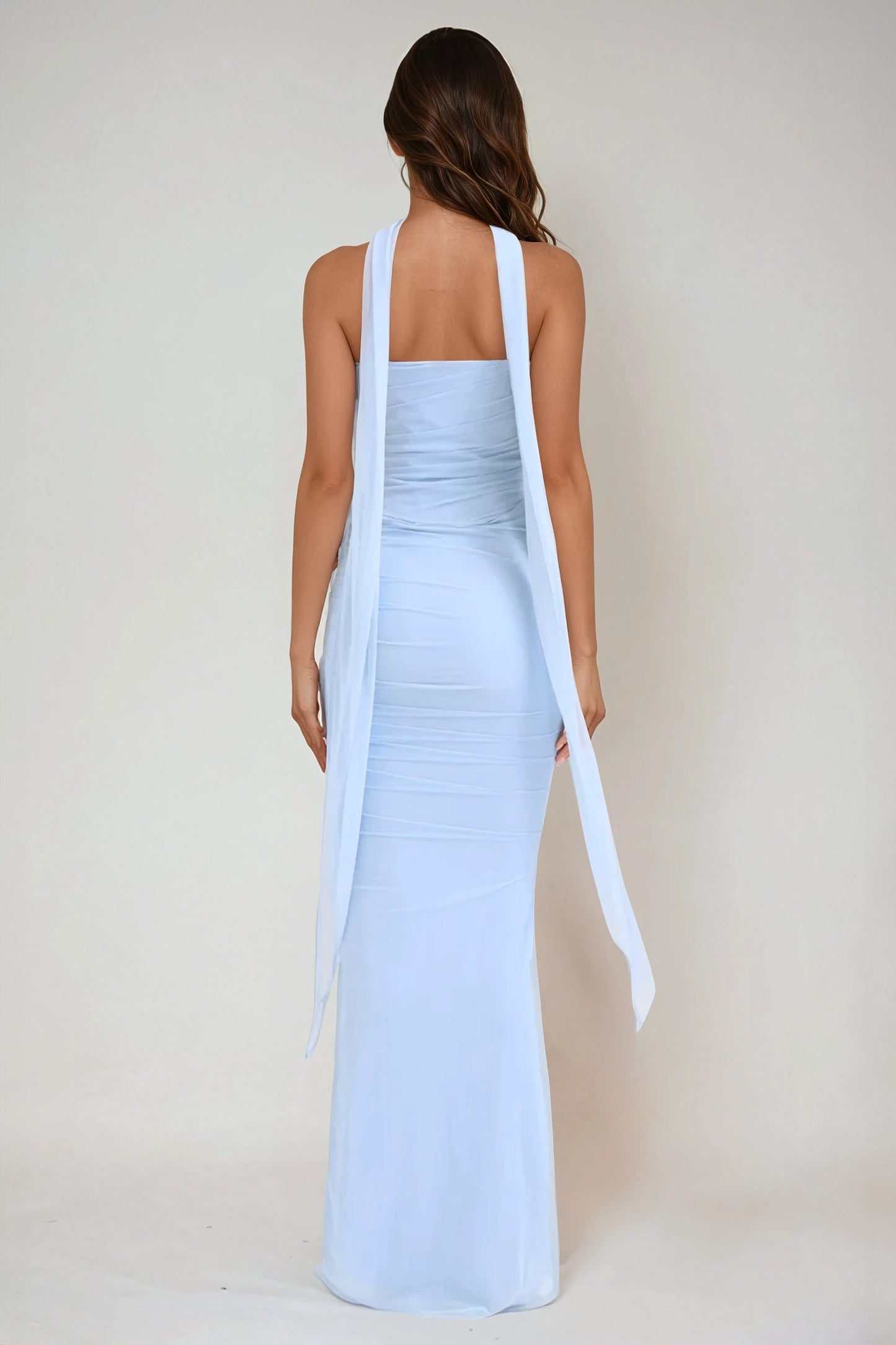 Two-Piece Set with Strapless Ruched Top and Flared Maxi Skirt - Light Blue