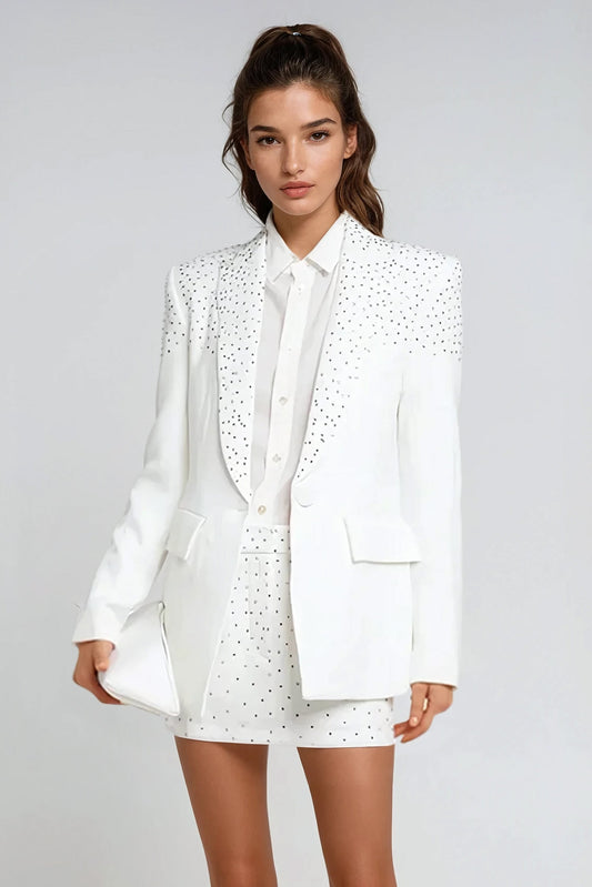 Blazer with Studded Embellishments and Classic Lapel - White