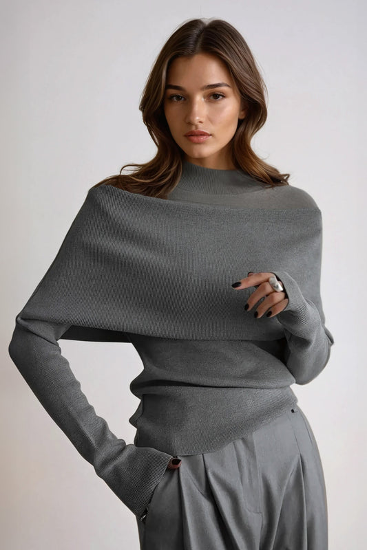 Off-Shoulder Knit Sweater with Fold-Over Neckline - Gray