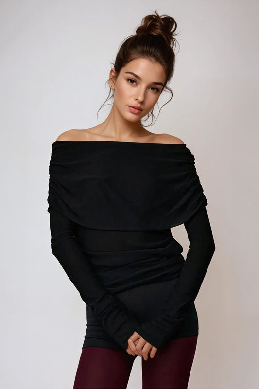 Off-Shoulder Knit Sweater with Fold-Over Neckline - Black