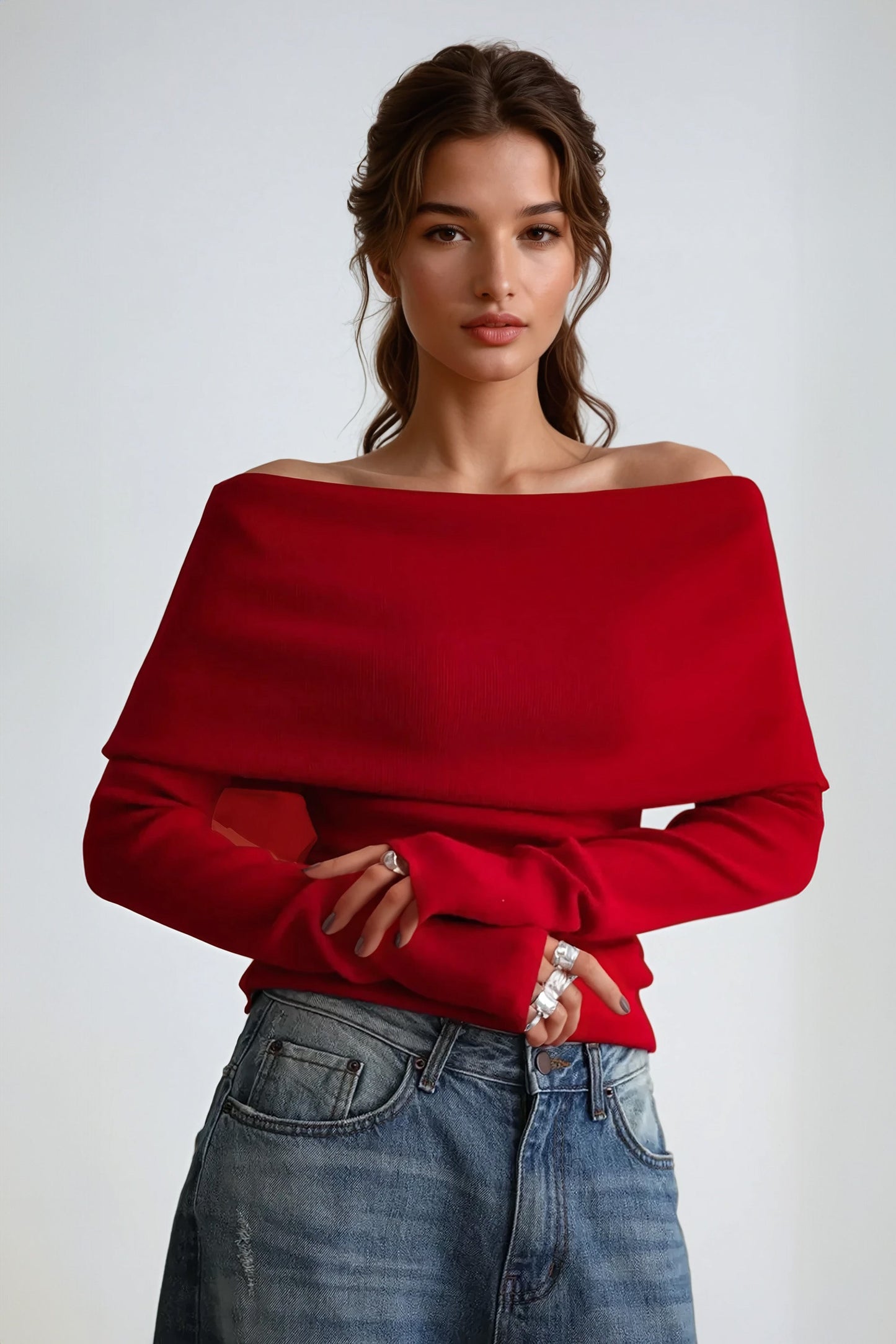 Off-Shoulder Knit Sweater with Fold-Over Neckline - Red