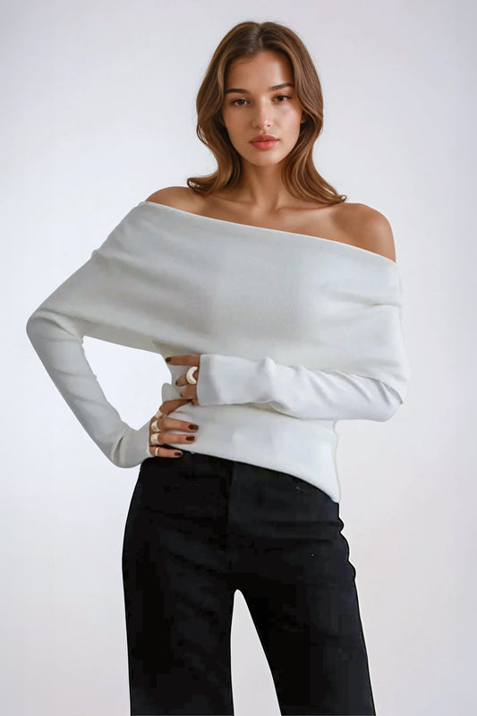 Off-Shoulder Knit Sweater with Fold-Over Neckline - White