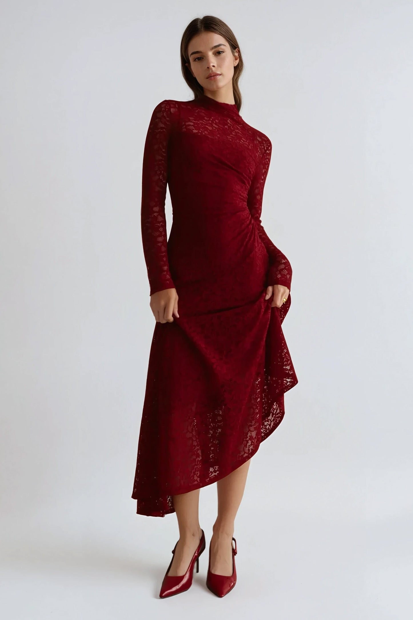 Long-Sleeve Lace Maxi Dress with Inner Slip - Red