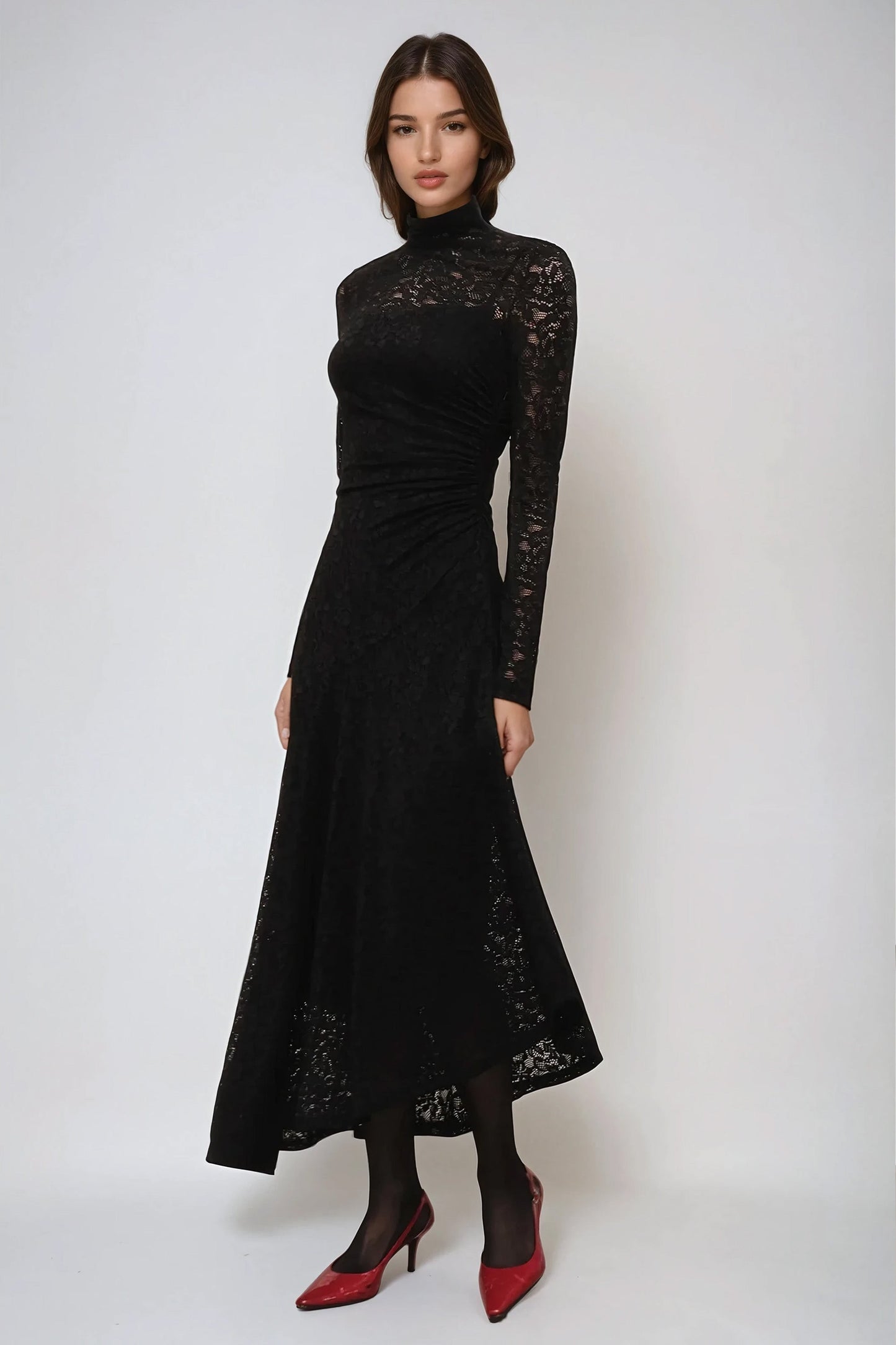 Long-Sleeve Lace Maxi Dress with Inner Slip - Black