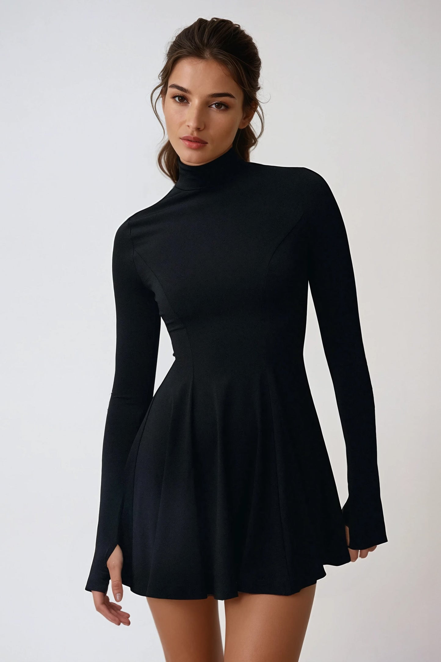 High Neck Long Sleeve Flared Mini Dress - Black