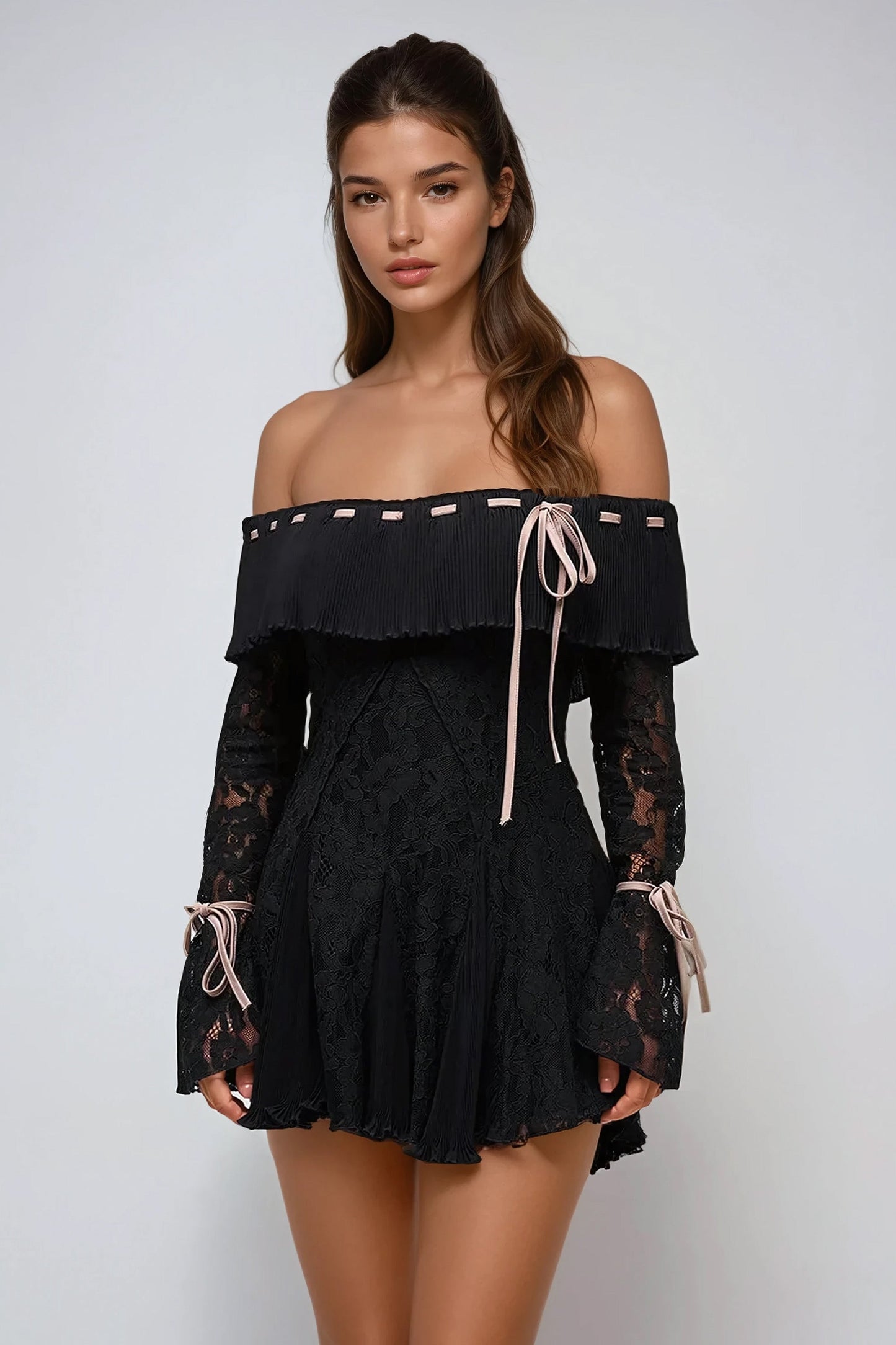 Off-Shoulder Lace Mini Dress with Pleated Ruffle and Ribbon Detail - Black