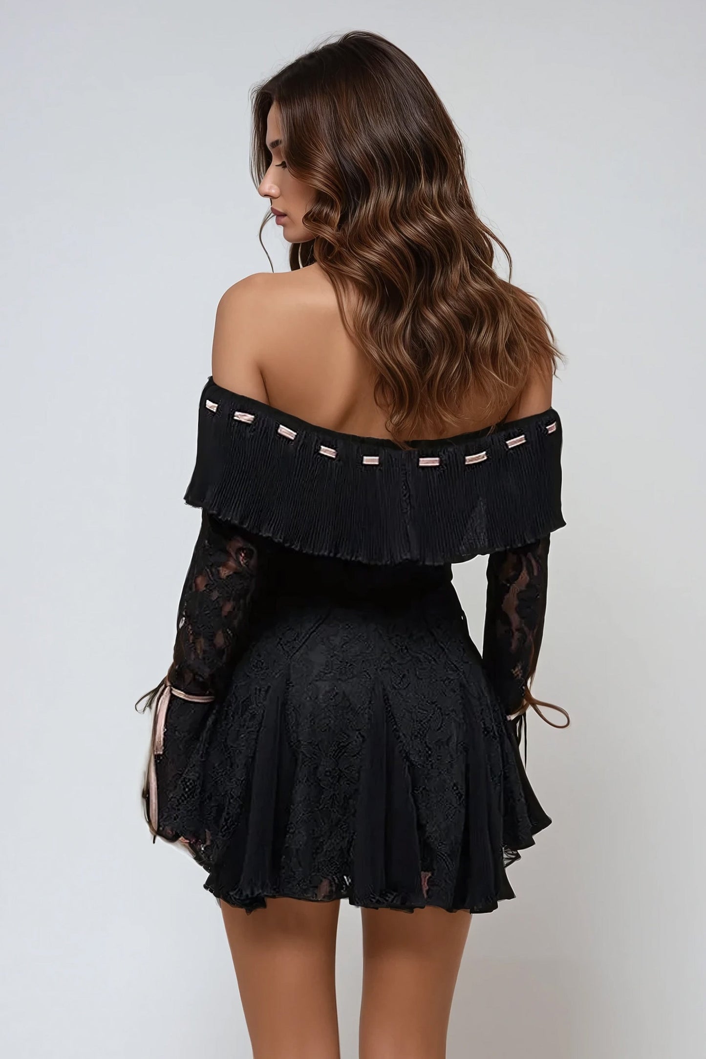 Off-Shoulder Lace Mini Dress with Pleated Ruffle and Ribbon Detail - Black