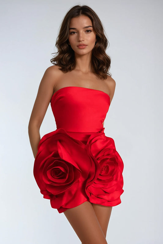 Strapless Mini Dress with Voluminous Rosette Accents - Red