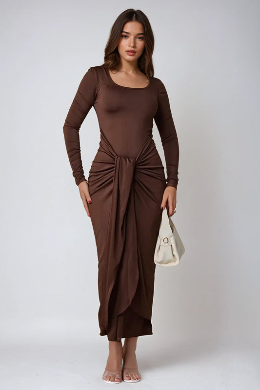 Long Sleeve Twist Front Maxi Dress - Brown