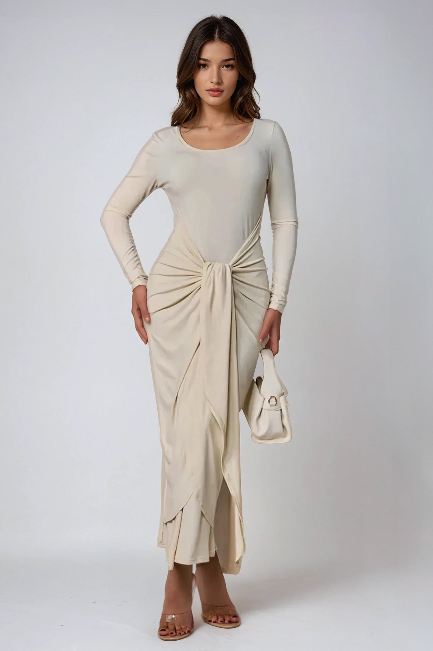 Long Sleeve Twist Front Maxi Dress - Apricot