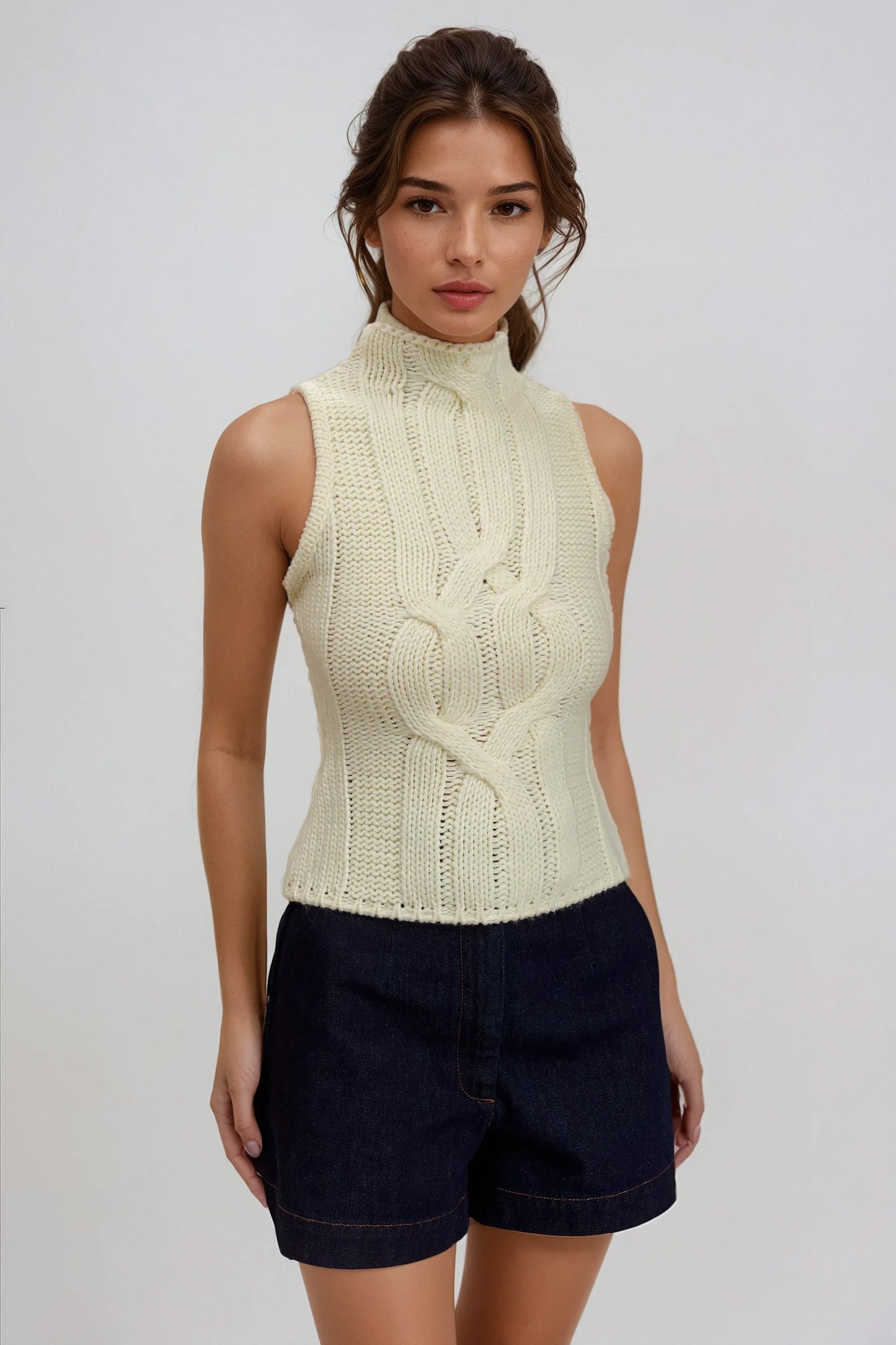 Sleeveless Cable-Knit High Neck Top - Apricot