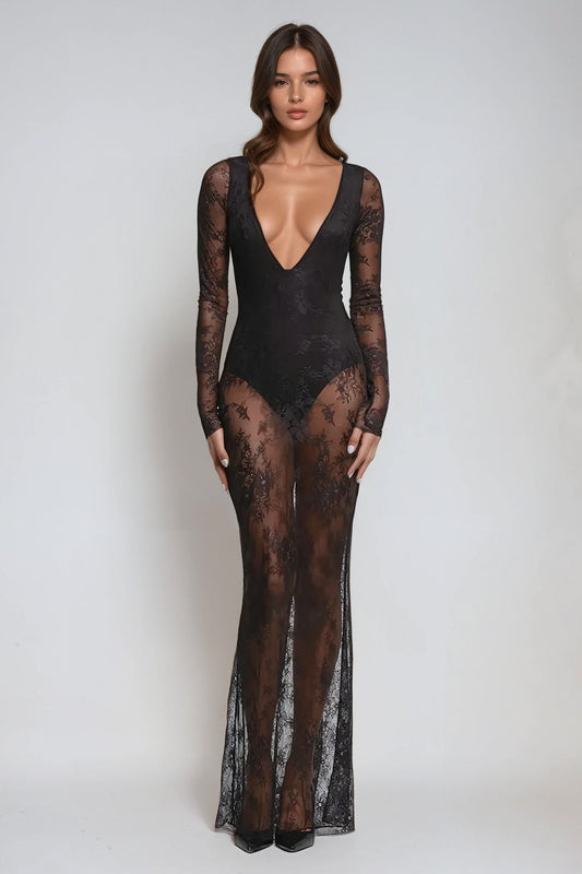 Long Sleeve Sheer Lace Maxi Dress with Deep Plunge Neckline - Black