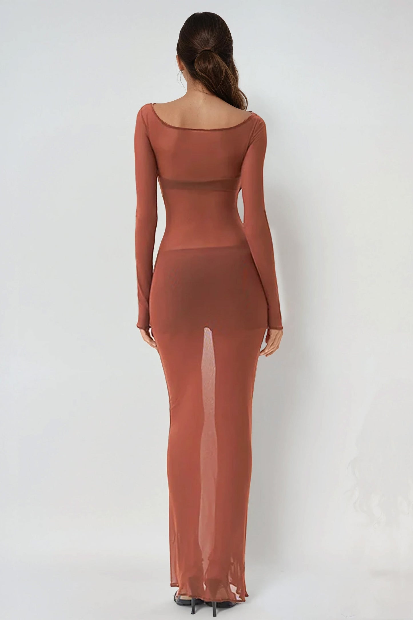 Long Sleeve Sheer Bodycon Maxi Dress - Brown