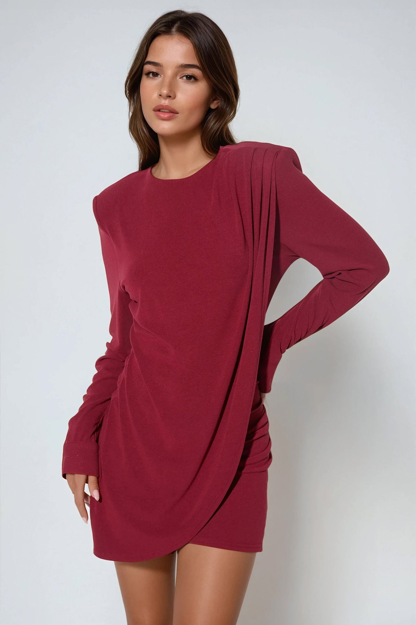 Long Sleeve Drape Detail Mini Dress - Red