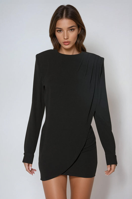 Long Sleeve Drape Detail Mini Dress - Black