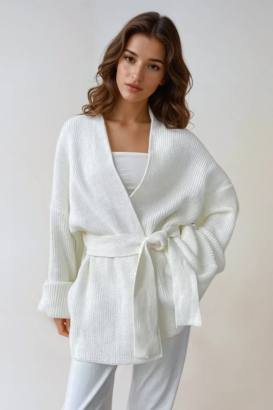 Knitted Cardigan with Wide Belted Waist and Long Cuffed Sleeves - White