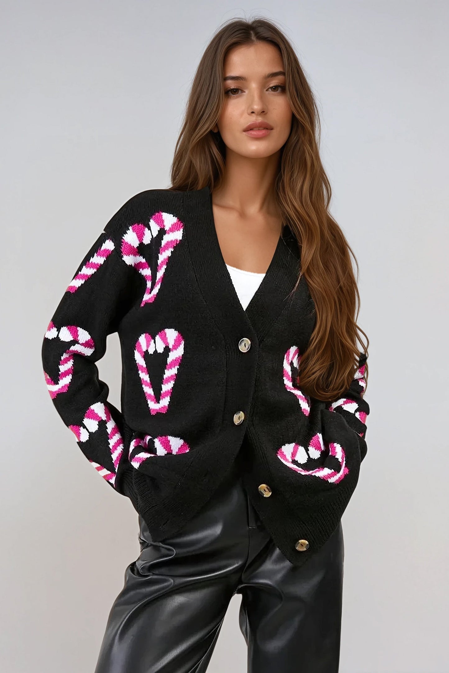 Knitted Cardigan with Candy Cane Pattern - Black