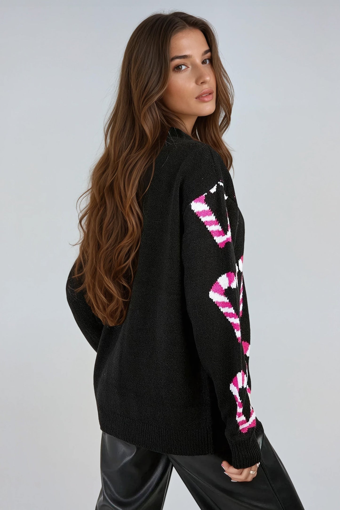 Knitted Cardigan with Candy Cane Pattern - Black