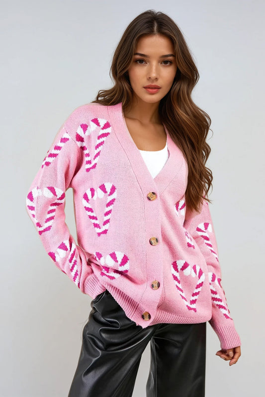 Knitted Cardigan with Candy Cane Pattern - Pink