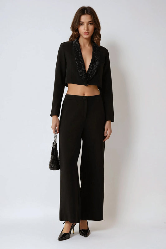 Two-Piece Set with Sequin Lapel Blazer and High-Waist Wide-Leg Trousers - Black