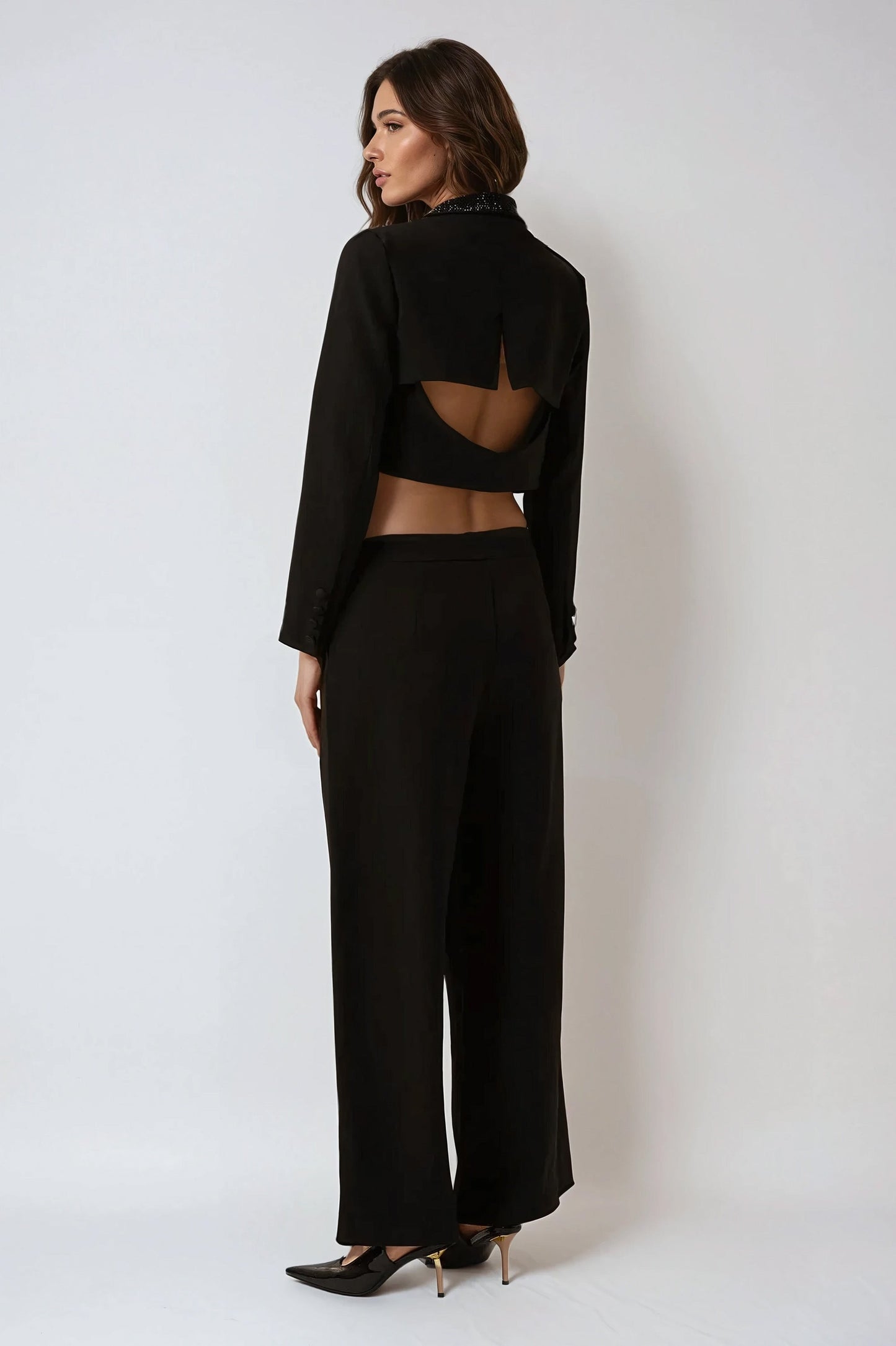 Two-Piece Set with Sequin Lapel Blazer and High-Waist Wide-Leg Trousers - Black