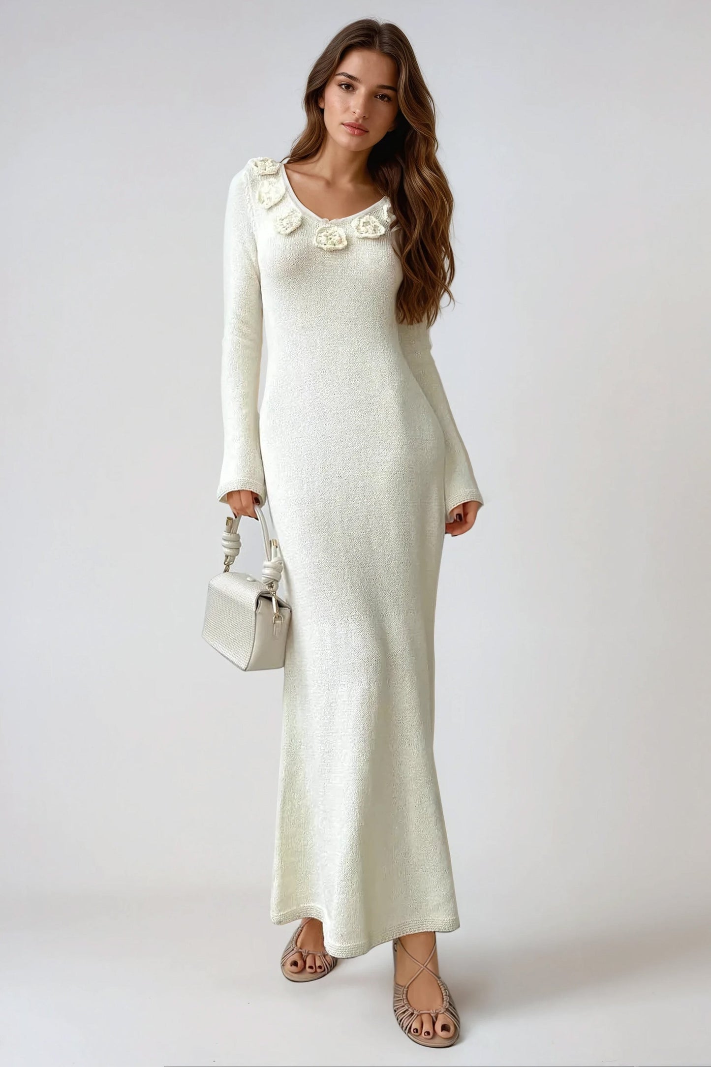 Long Sleeve Knitted Maxi Dress with Floral Embellishments - White