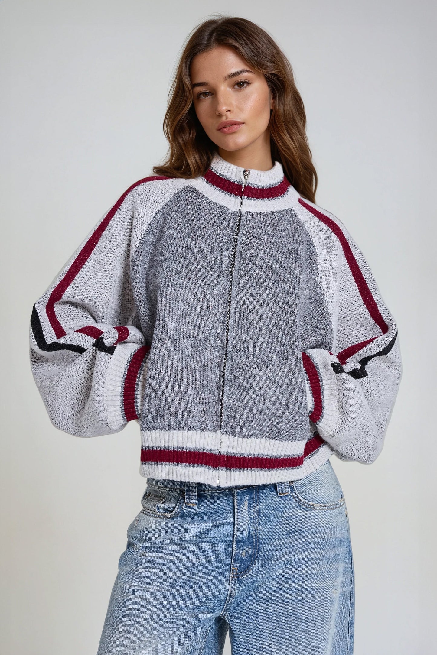 Knitted Bomber Jacket with Striped Detail - Gray