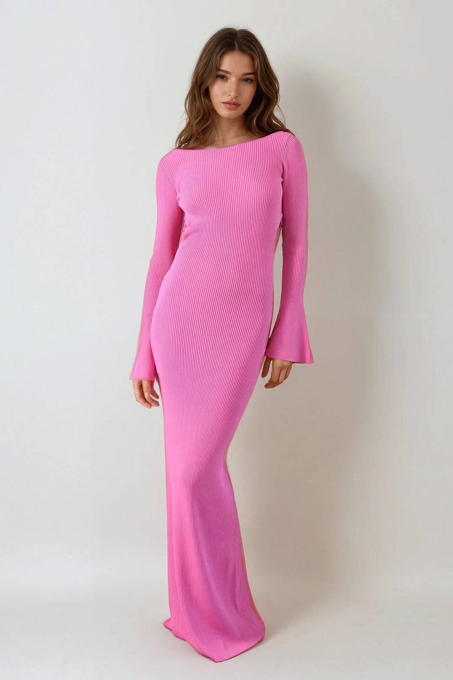 Backless Knitted Maxi Dress with Chain Detail - Pink