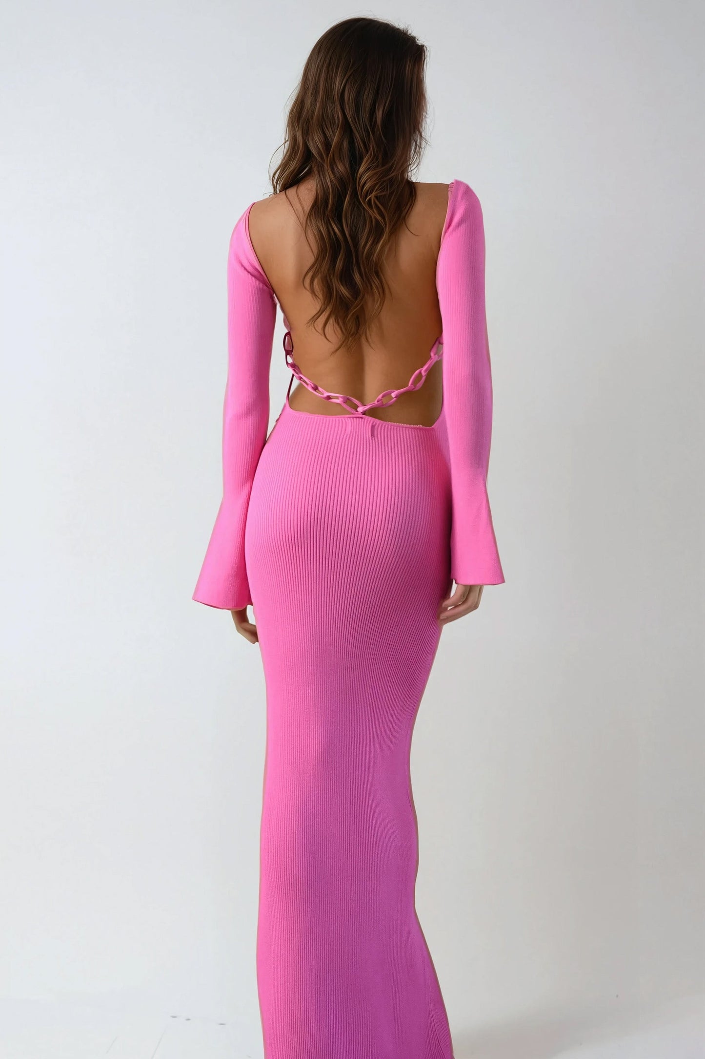 Backless Knitted Maxi Dress with Chain Detail - Pink