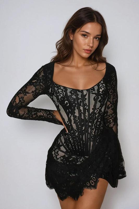 Long Sleeve Lace Corset Mini Dress - Black