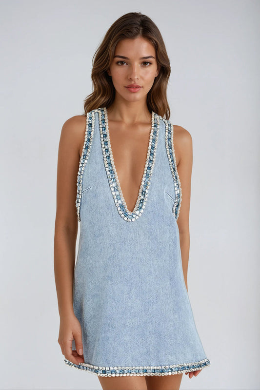 Embellished Deep V-Neck Sleeveless Denim Mini Dres - Blue