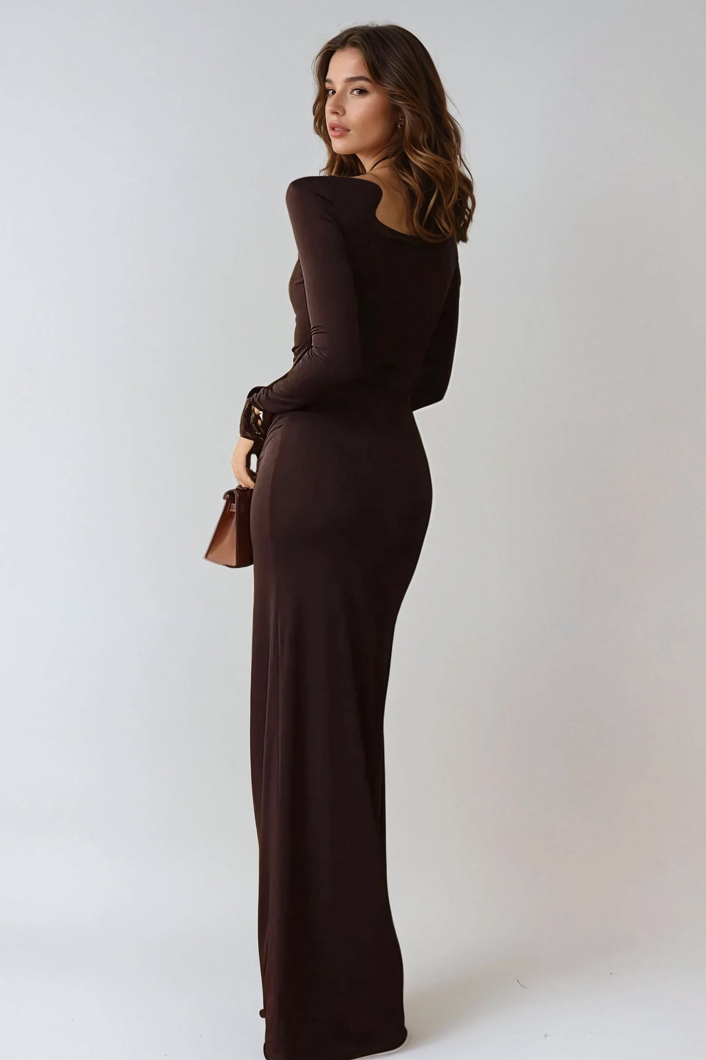 Long Sleeve High Neck Maxi Dress with Ruched Waist and Side Slit - Brown