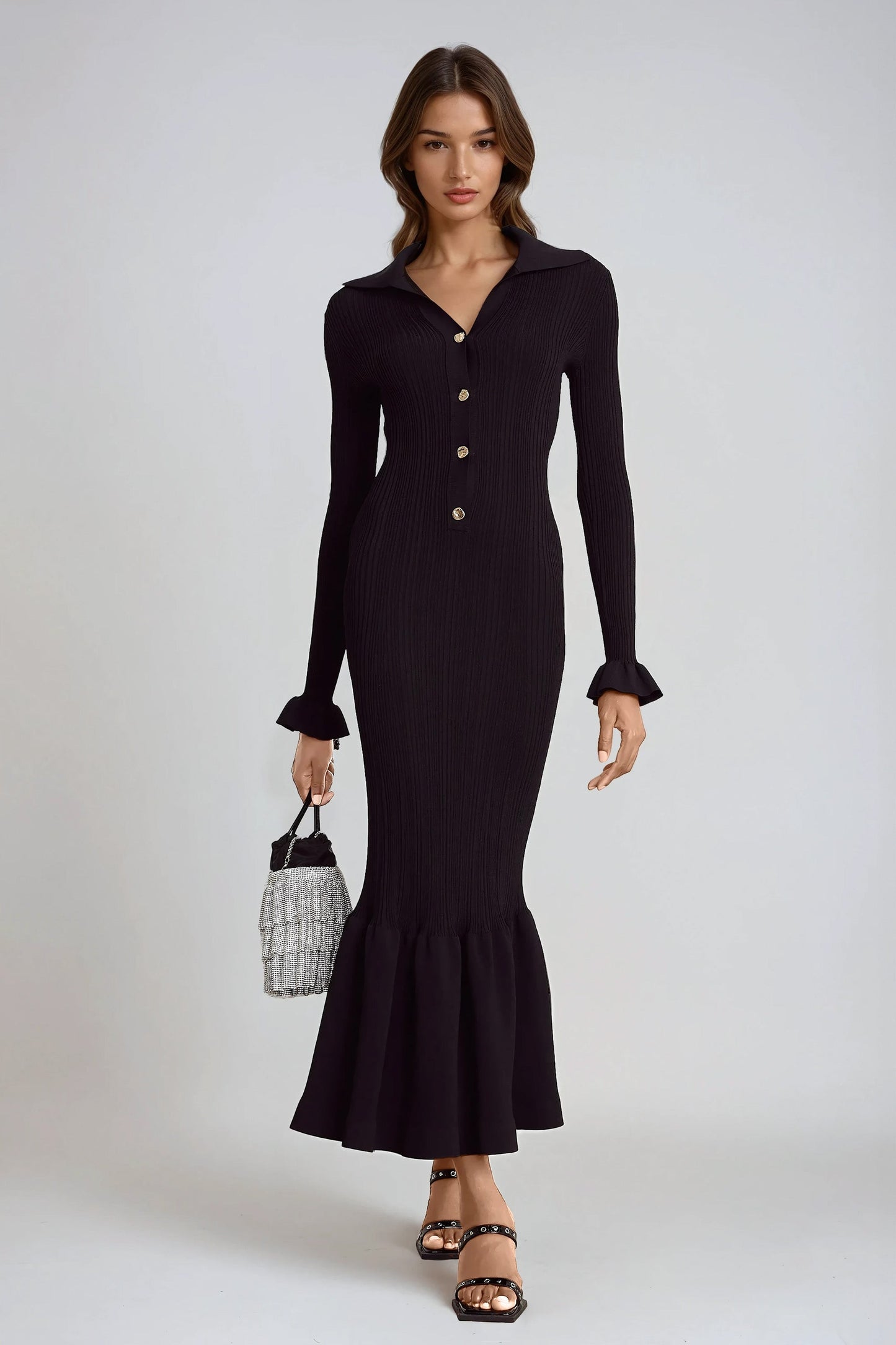 Buttoned Ribbed Long Sleeve Maxi Dress with Ruffled Hem - Black