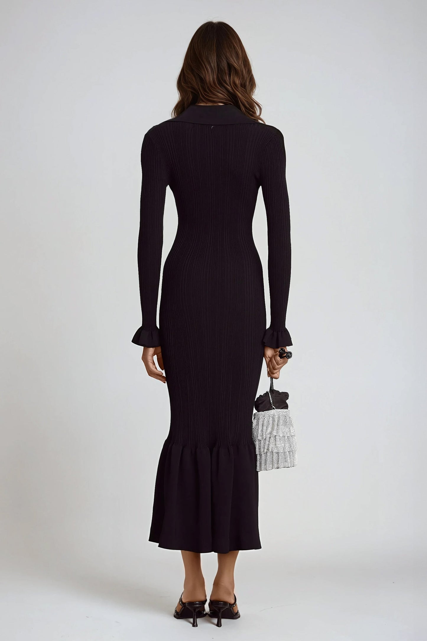 Buttoned Ribbed Long Sleeve Maxi Dress with Ruffled Hem - Black