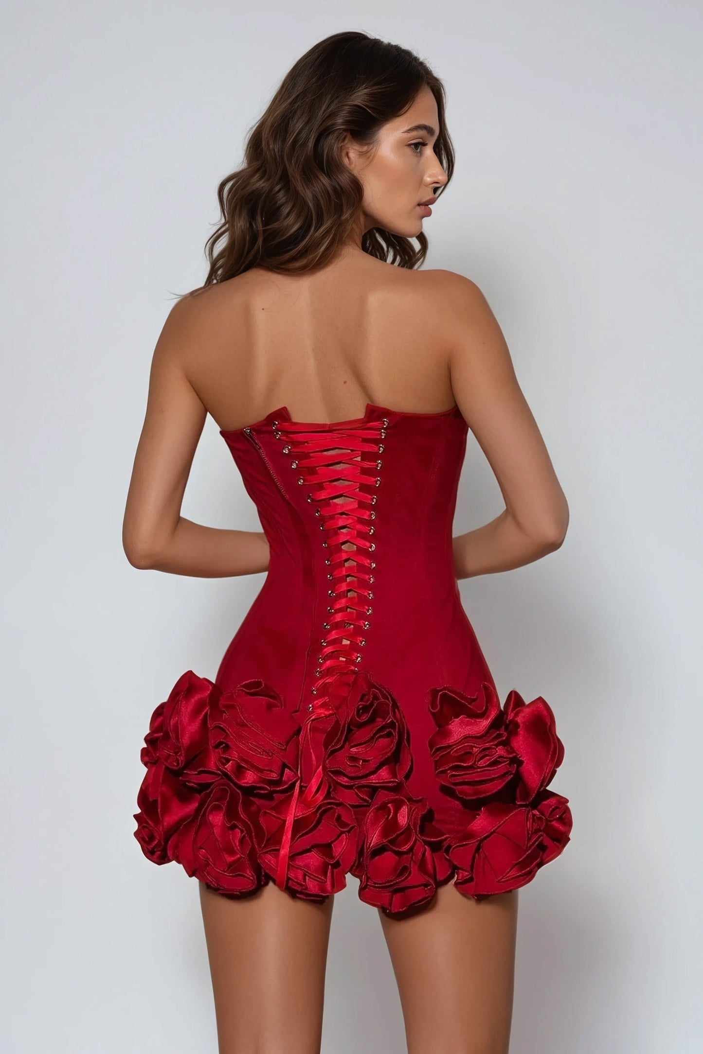 Strapless Corset Mini Dress with Layered Ruffled Skirt - Red