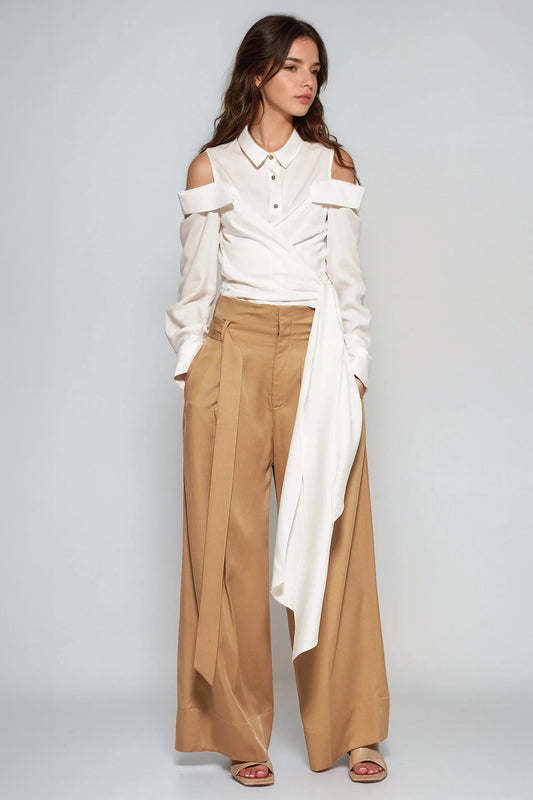 Off-Shoulder Wrap Shirt with Tie Detail and Buttoned Cuffs - White