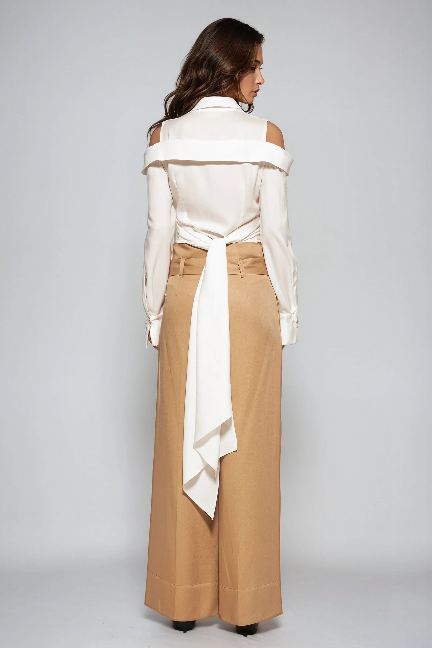 Off-Shoulder Wrap Shirt with Tie Detail and Buttoned Cuffs - White