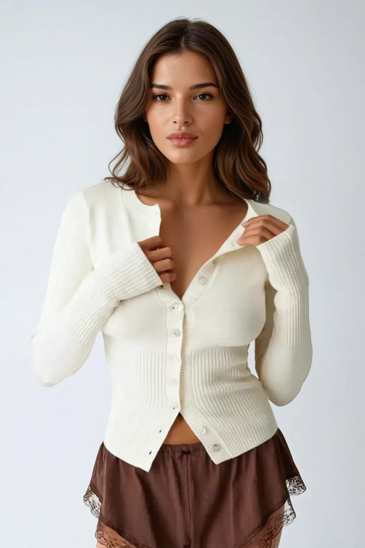 Long Sleeve Ribbed Knit Cardigan with Button Front - White