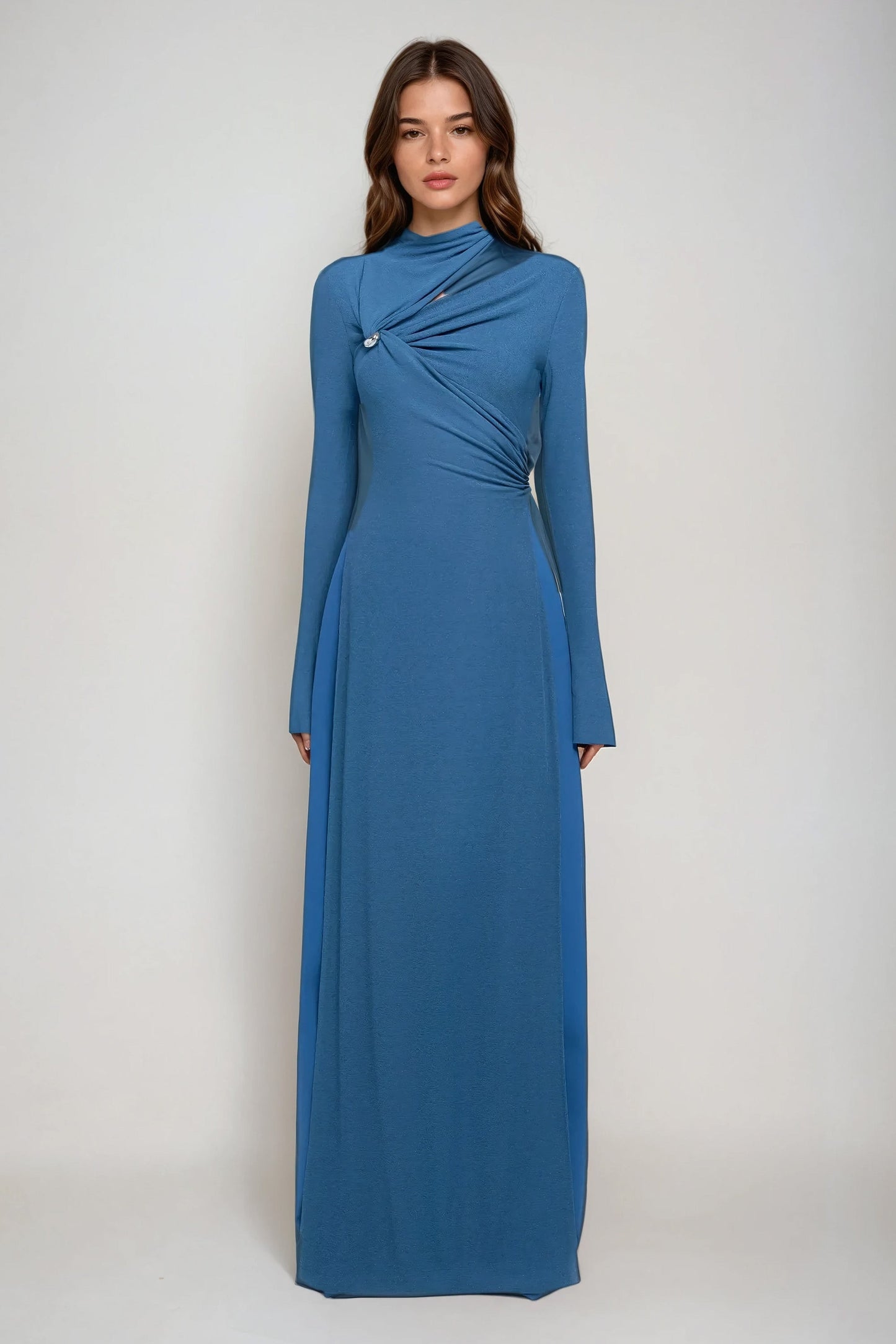 Long Sleeve Asymmetrical Knot Detail Maxi Dress - Blue