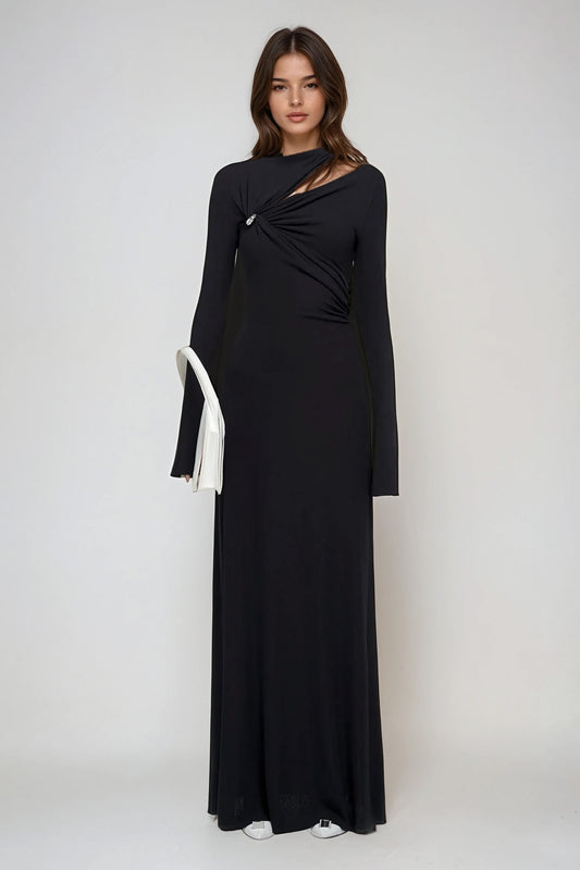 Long Sleeve Asymmetrical Knot Detail Maxi Dress - Black