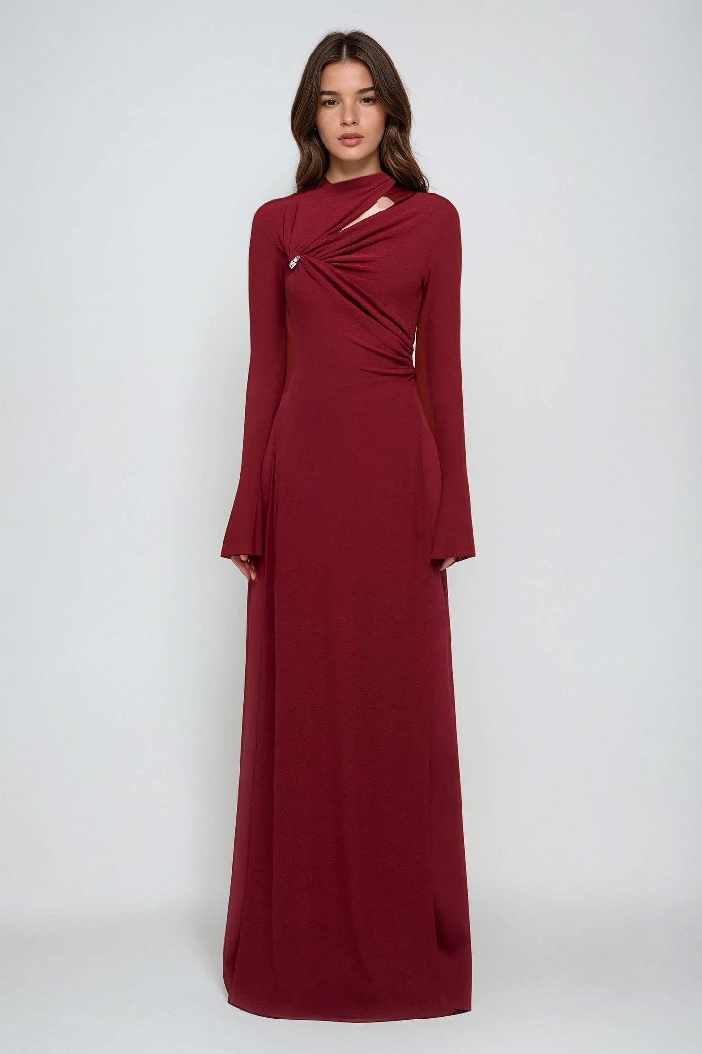 Long Sleeve Asymmetrical Knot Detail Maxi Dress - Red